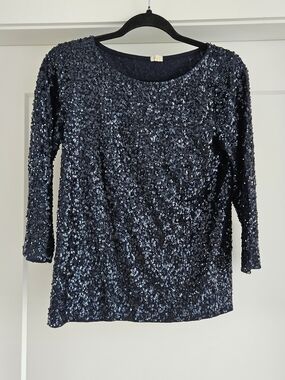 J. Crew Factory Navy Sequin Scoop-Neck Long Sleeve Top Sz Small